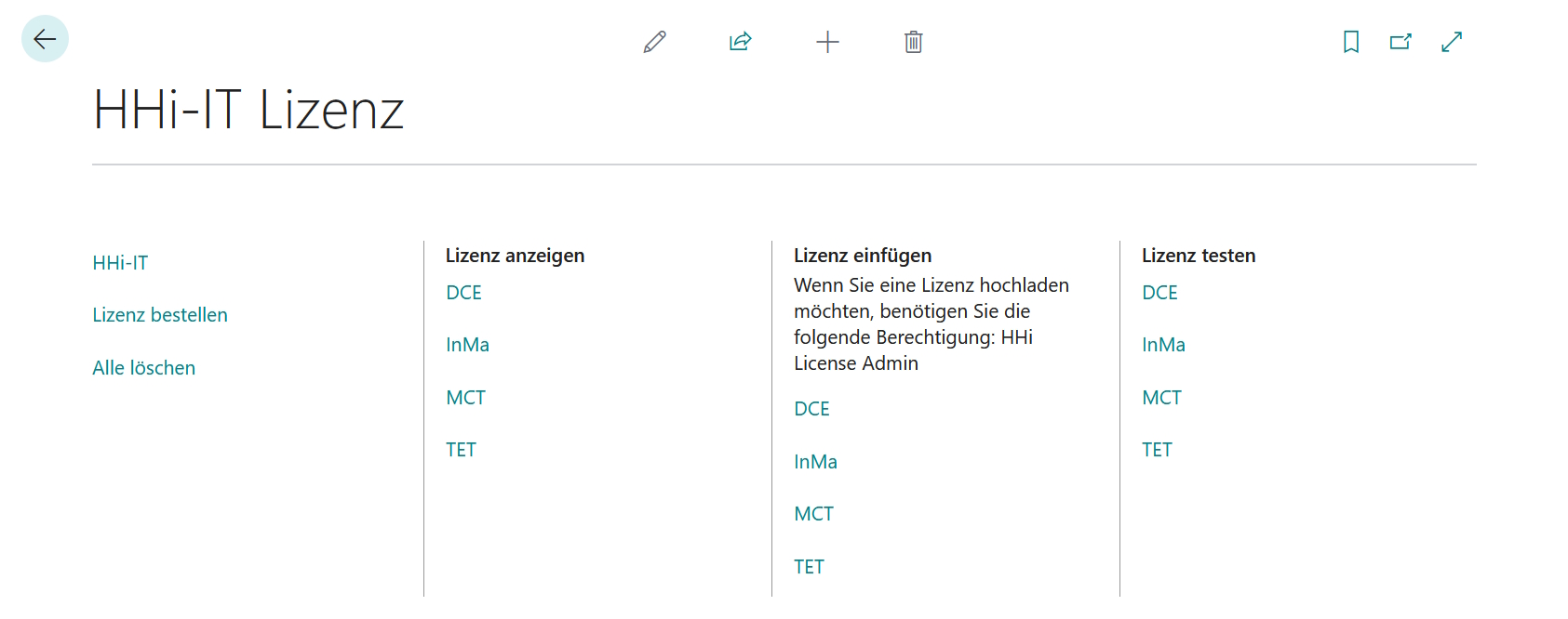 Lizenz-Seite mit Berechtigung auf HHI LICENSE ADMIN
