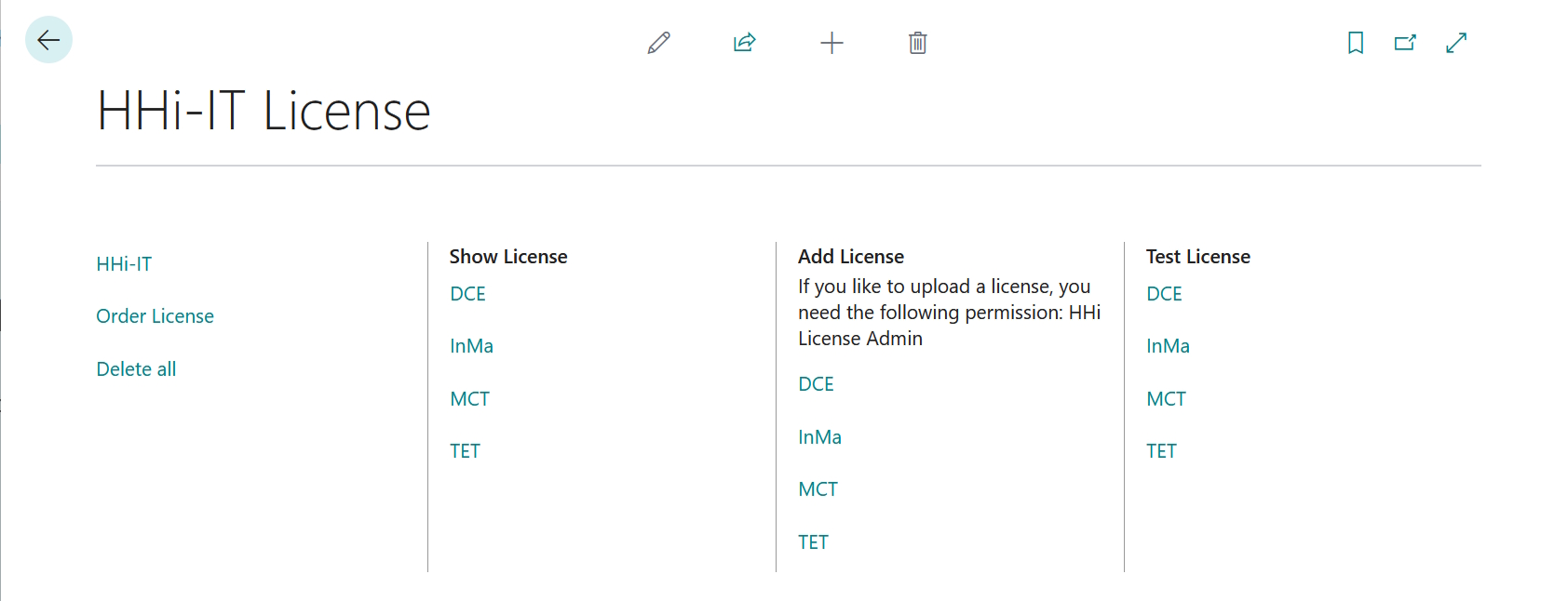 License Page with Permission 'HHI LICENSE ADMIN'