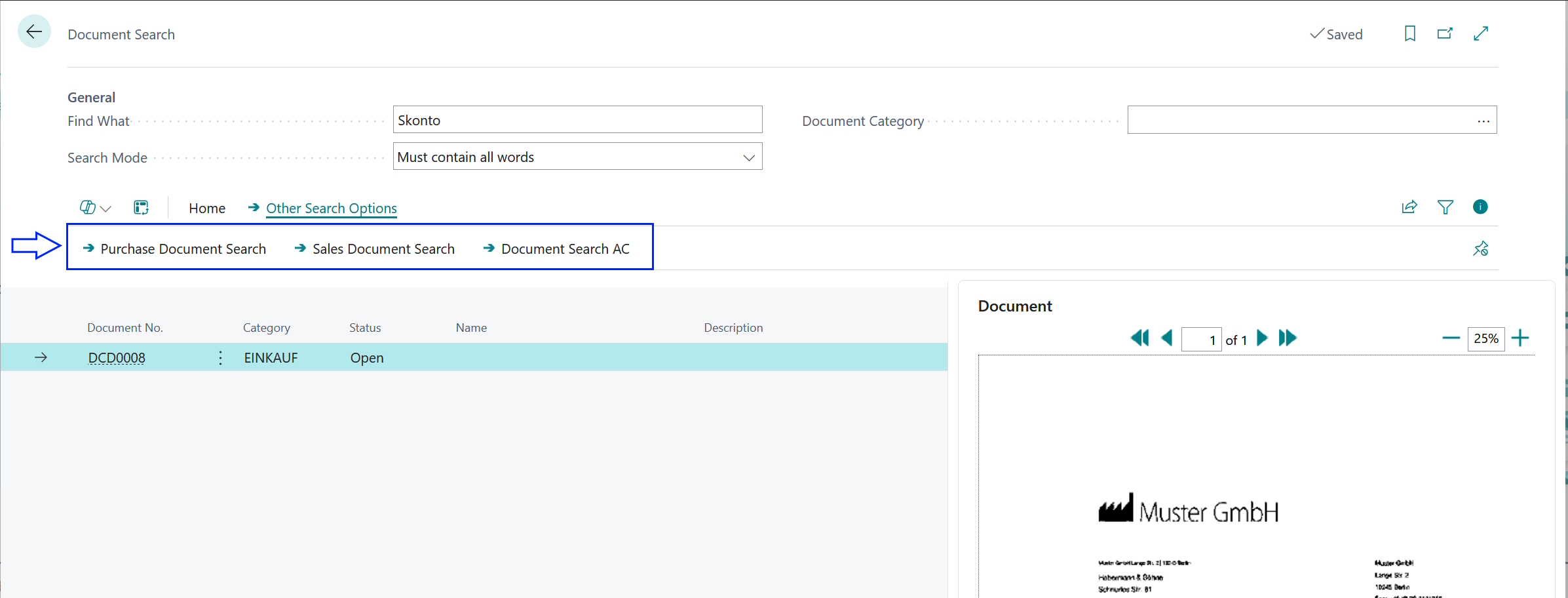 Continia's 'Document Search' page with DCE extentions