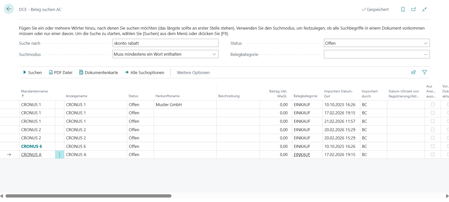Seite 'DCE - Belegsuche AC'