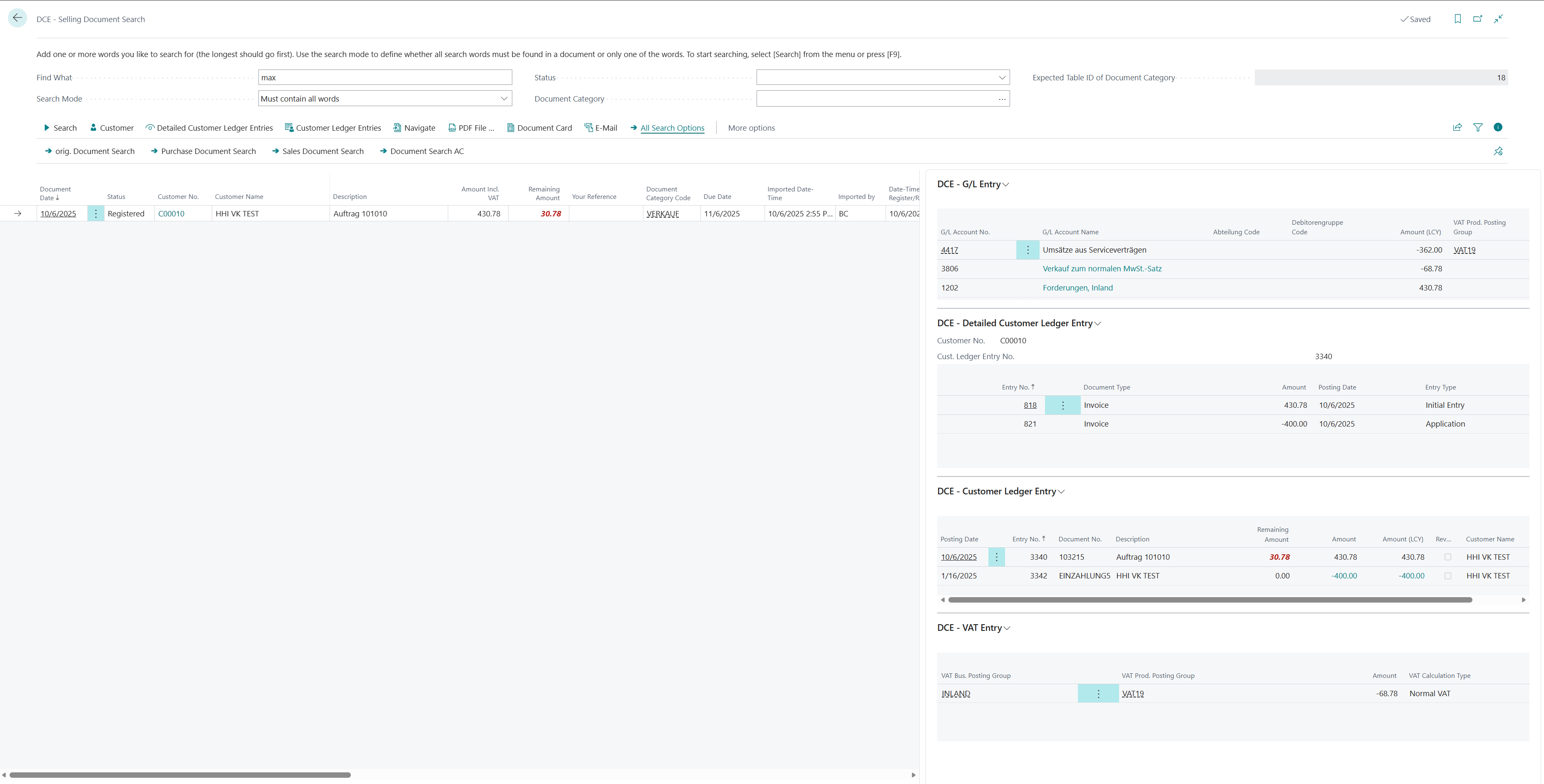 Page 'DCE - Selling Document Search'