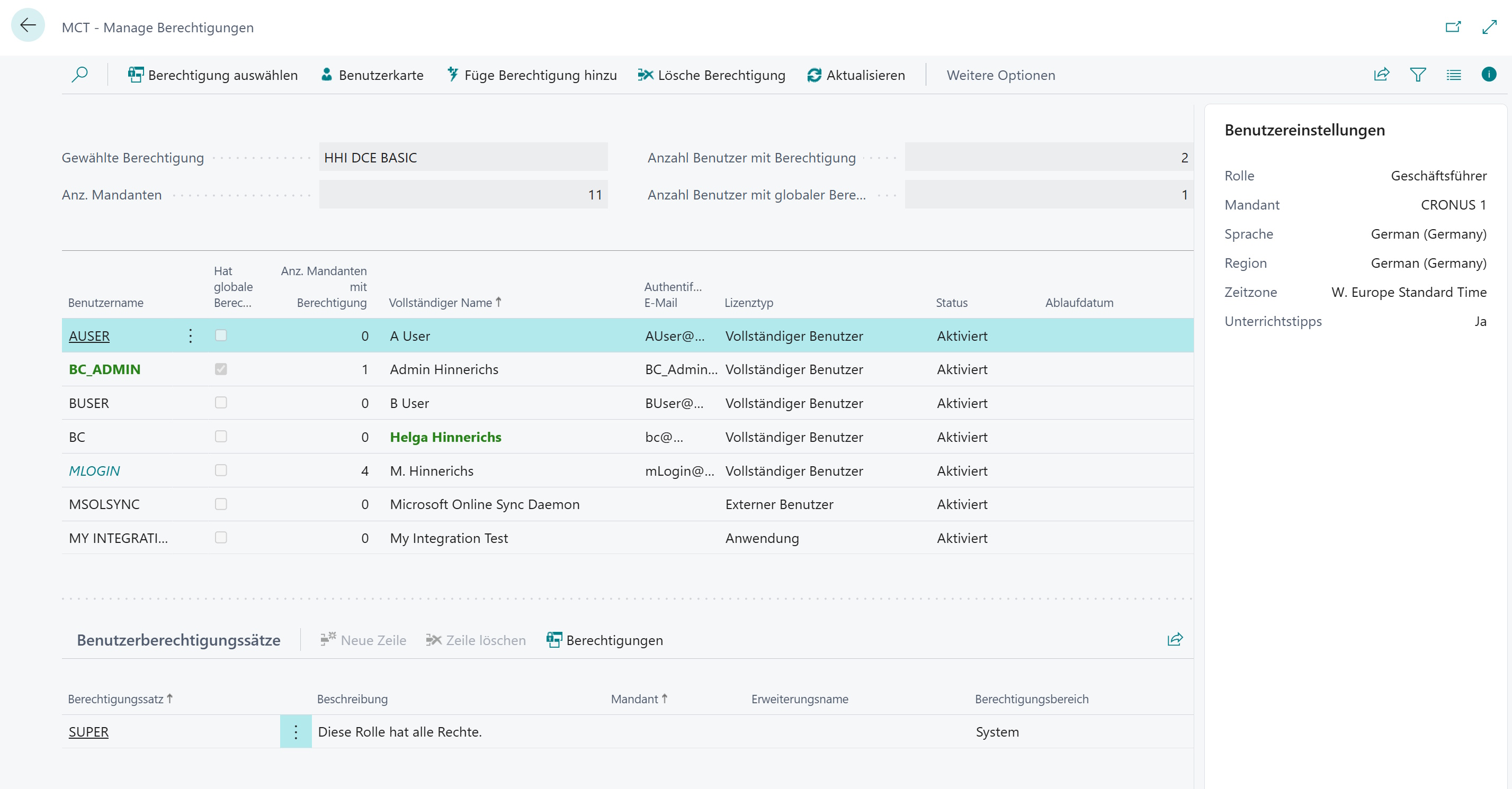 Seite 'MCT - Manage Berechtigungen'
